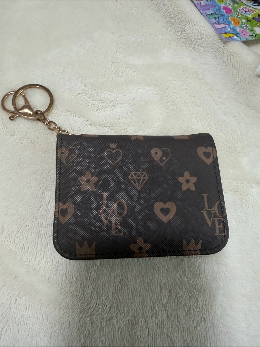 Brown Patterned Compact Wallet Keychain - LOVE Motif Claire’s